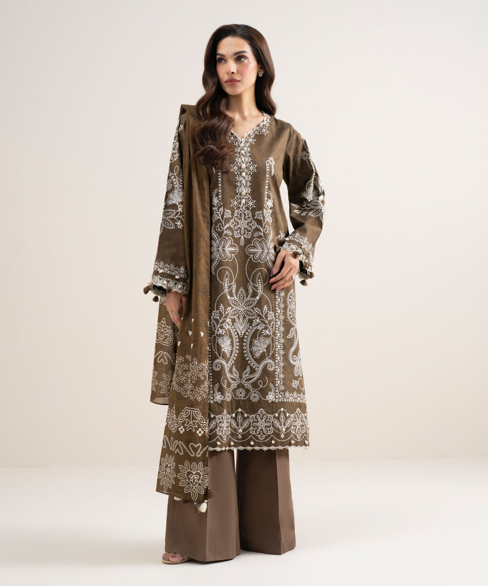 Women's Unstitched Lawn Embroidered Brown 3 Piece Suit