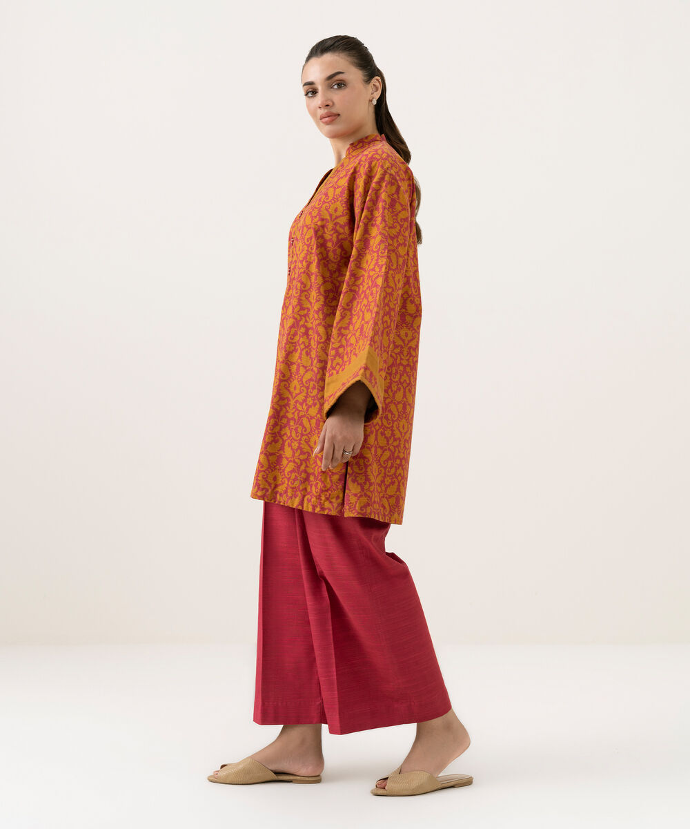 Women's Unstitched Khaddar Printed Orange 2 Piece Suit