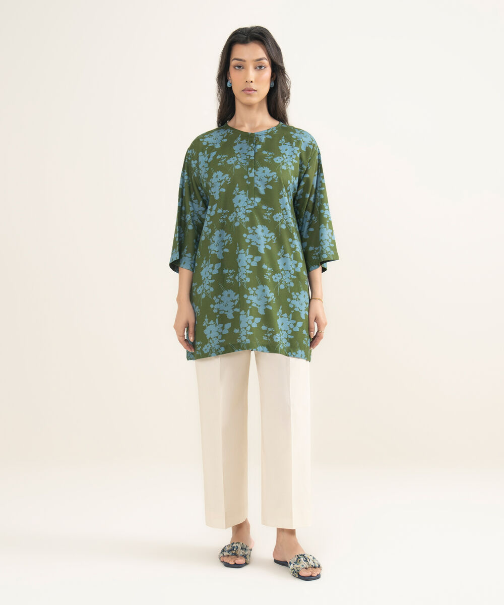Women's RTW Arabic Cambric Printed Green Drop Shoulder Shirt