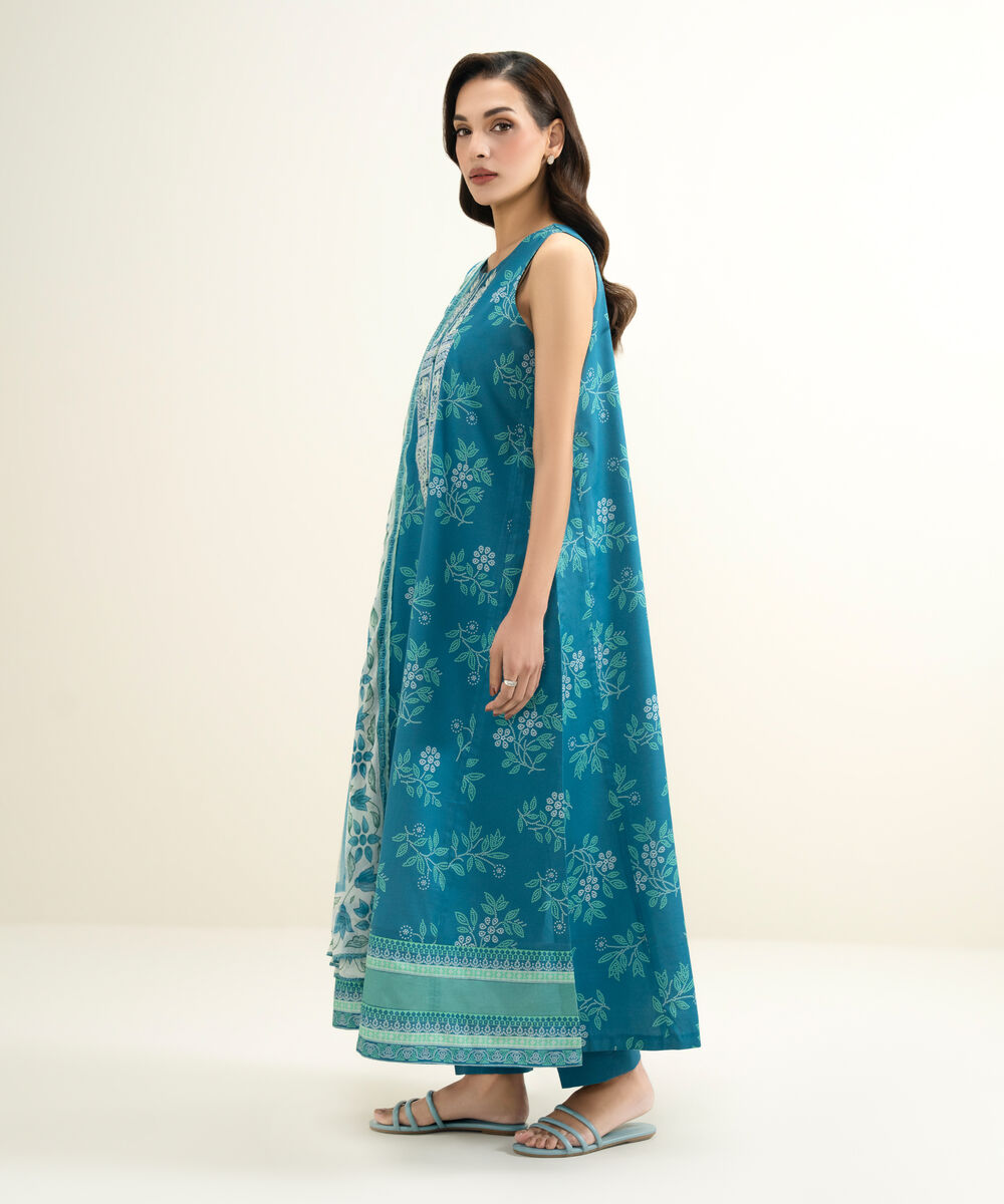 Women's Unstitched Lawn Embroidered Blue 3 Piece Suit