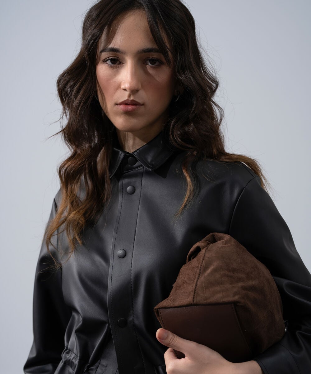 Women's Western Wear Black Polyester Faux Leather Drawstring Top