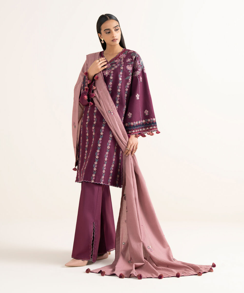 Women's Unstitched Dobby Embroidered Purple 3 Piece Suit