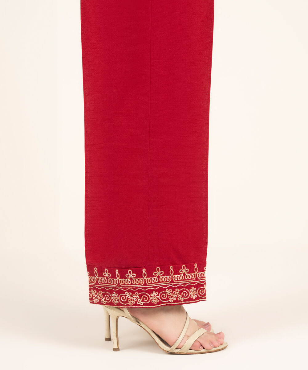 Women's RTW Khaddar Embroidered Red Straight Pants