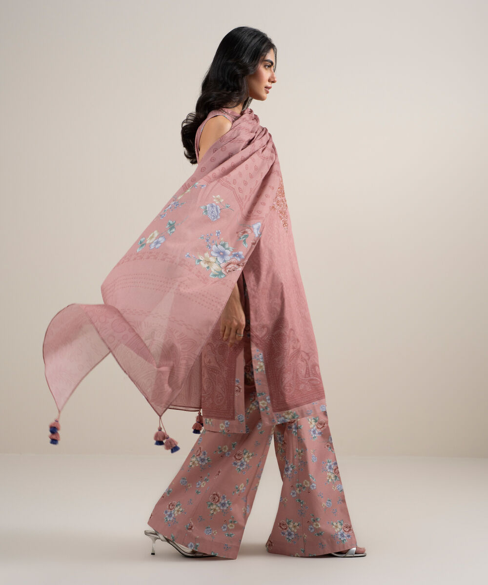 Women's Unstitched Lawn Embroidered Pink 3 Piece Suit