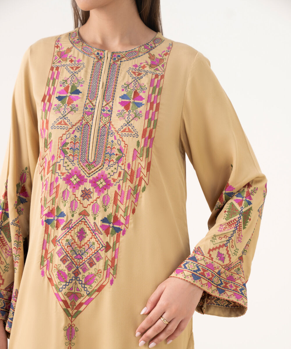 Women's RTW Bedford  Embroidered Beige A-Line Shirt