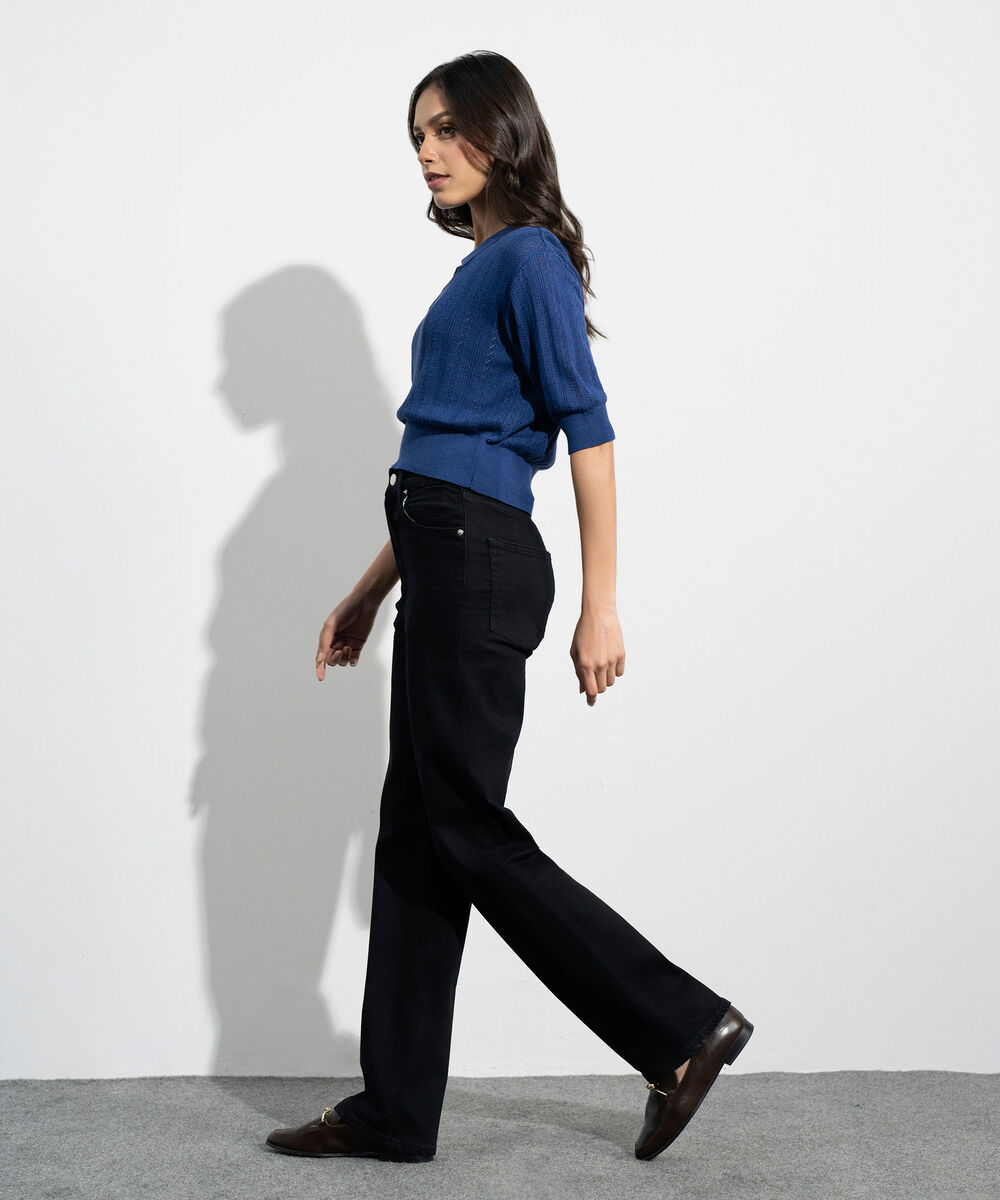 Women's Western Navy Pointelle Summer Knit Polo Top