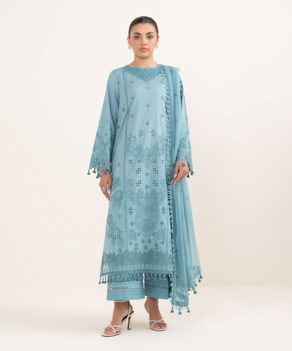 Women's Unstitched Lawn Embroidered Blue 3 Piece Suit