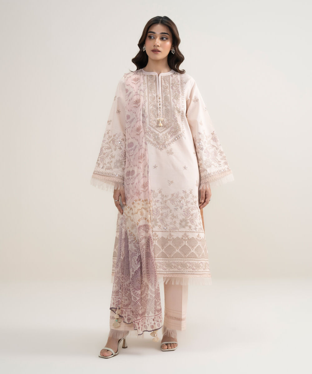 Women's Unstitched Lawn Embroidered Pink 3 Piece Suit