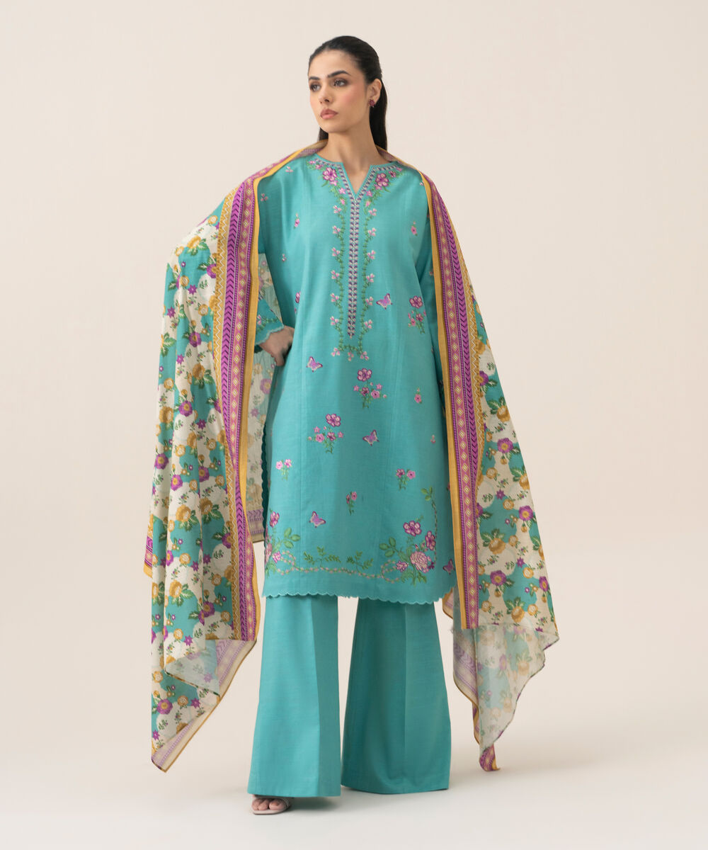 Women's Unstitched Basic Khaddar Embroidered Turquoise 3 Piece Suit