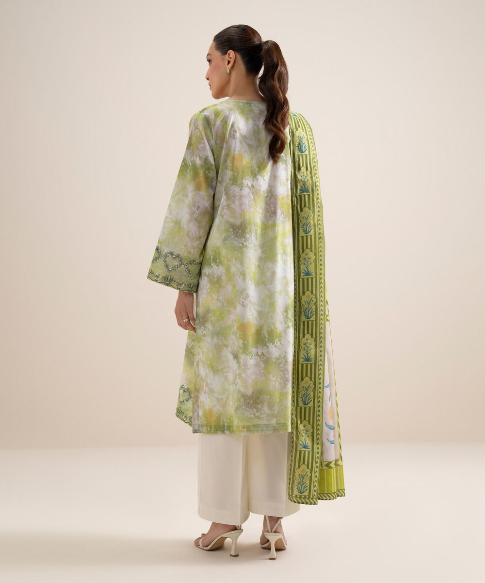 Women's Unstitched Lawn Embroidered Green and White  3 Piece Suit