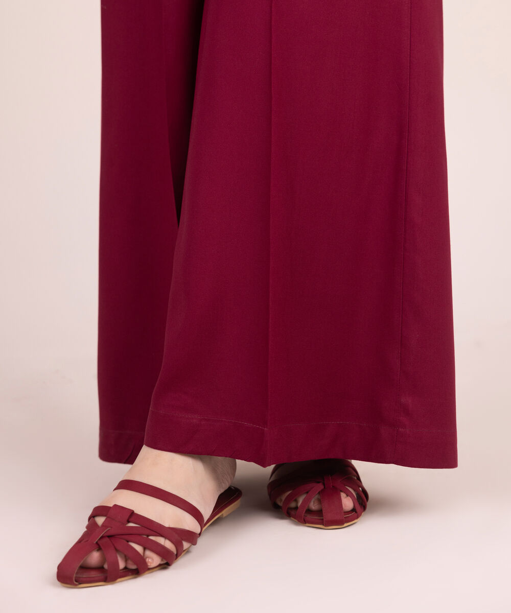 Women's RTW Linen Viscose Solid Maroon Flared Pants
