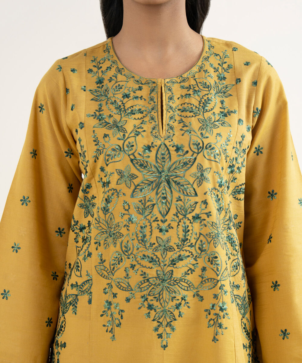 Women's RTW Cotton Embroidered Yellow A-Line Shirt