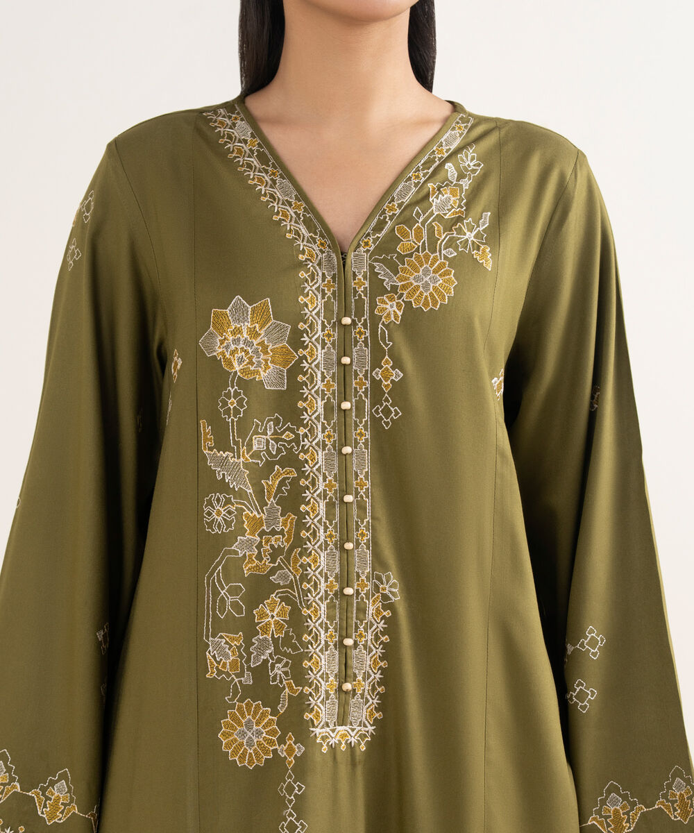 Women's RTW Viscose Marina Embroidered Green A-Line Shirt