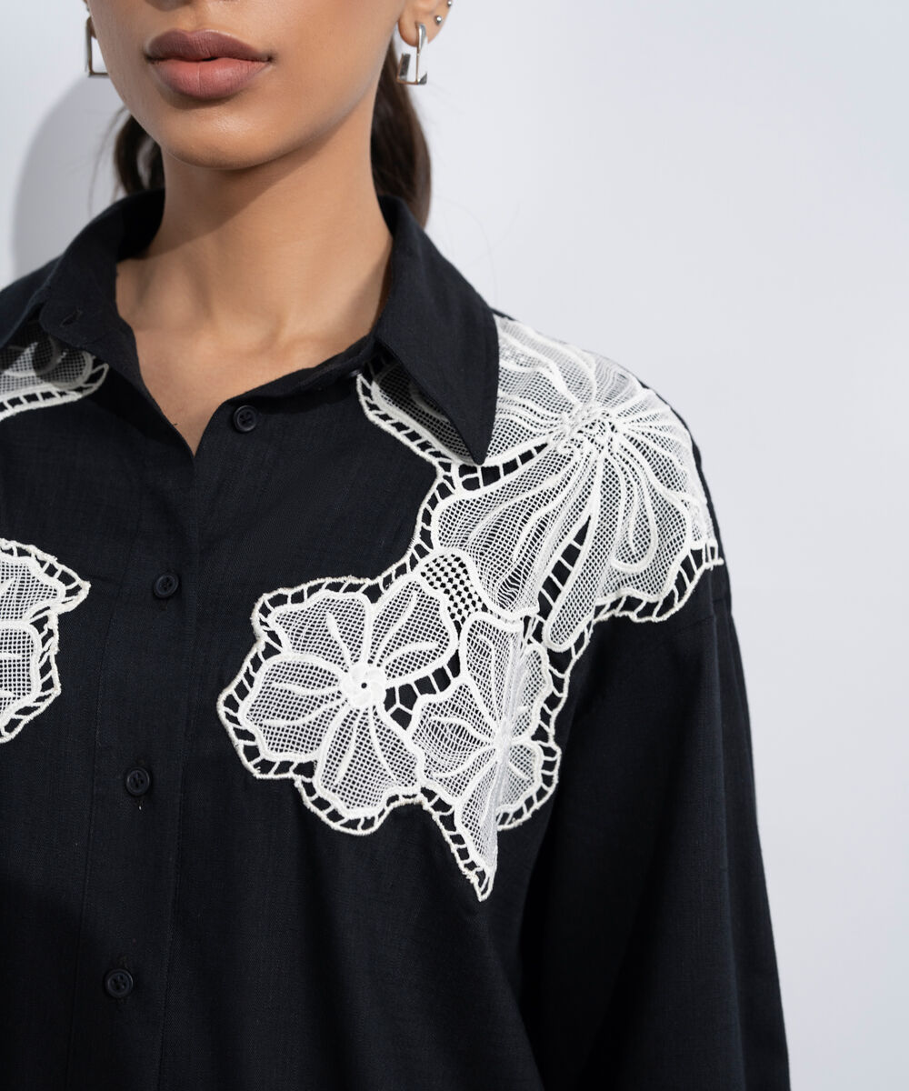 Women's Western Black Relaxed-Fit Embroidered Shirt