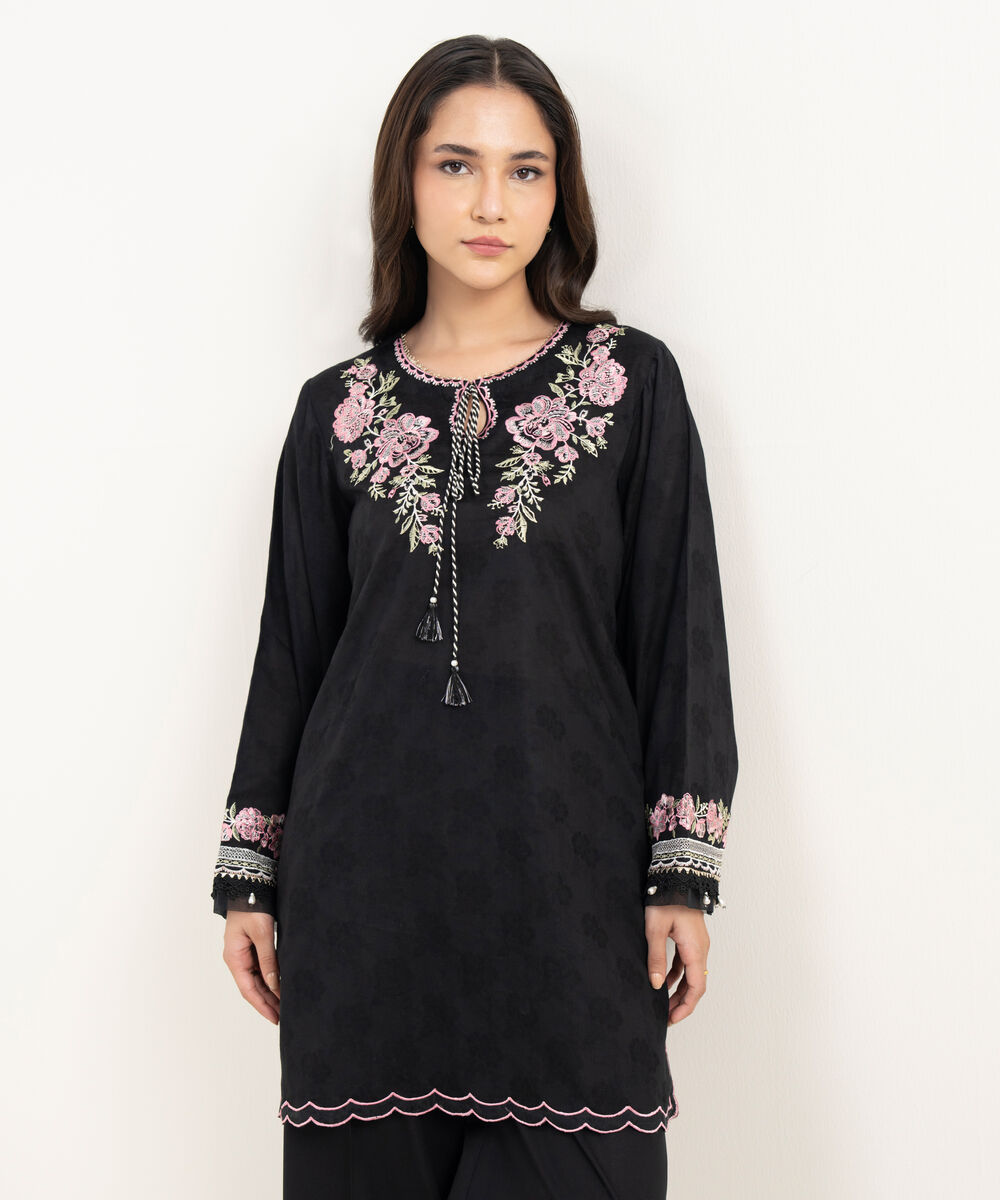 Women's RTW Self Jacquard Embroidered Black Straight Shirt