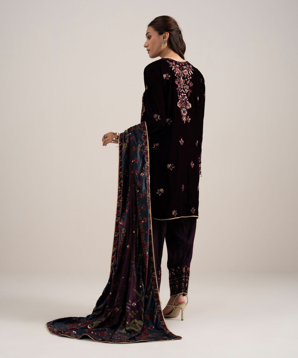 Women's Unstitched Embroidered Velvet Red 3 Piece Suit