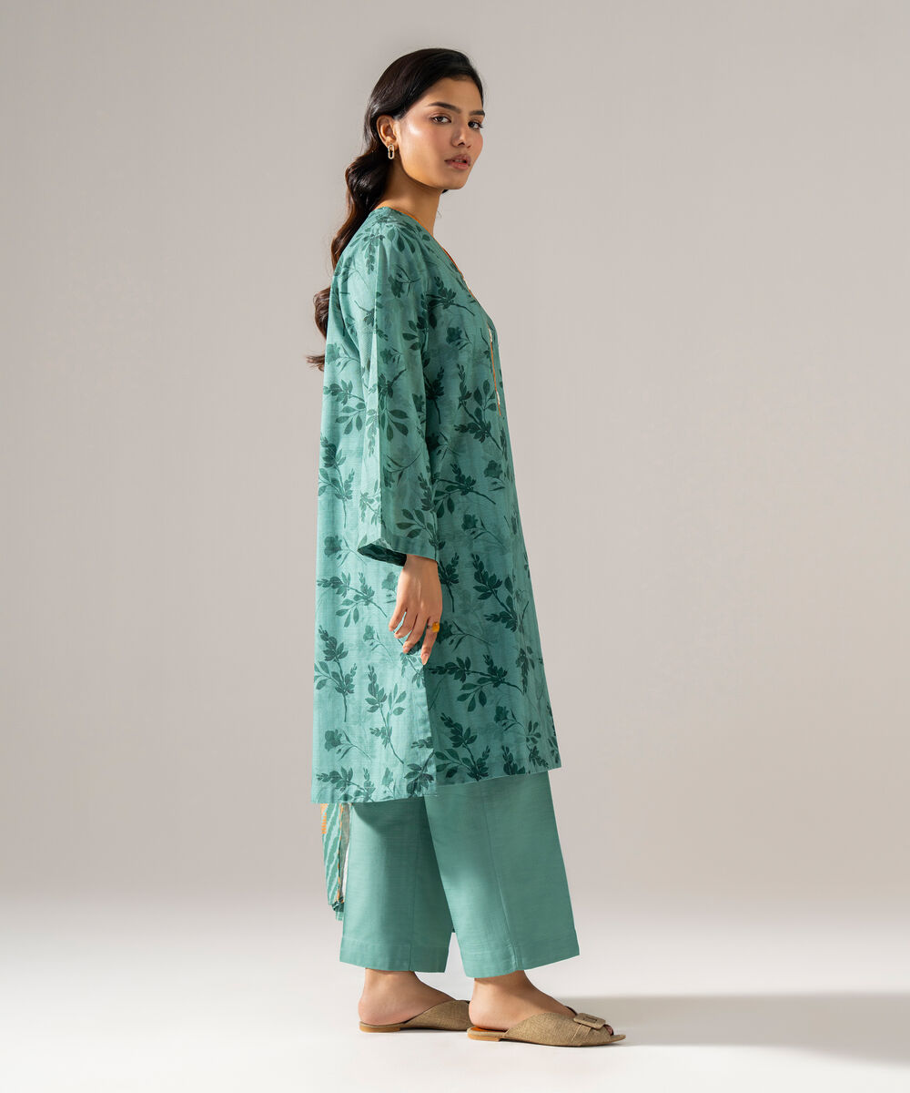 Women's RTW Khaddar Printed Teal 3 Piece Suit