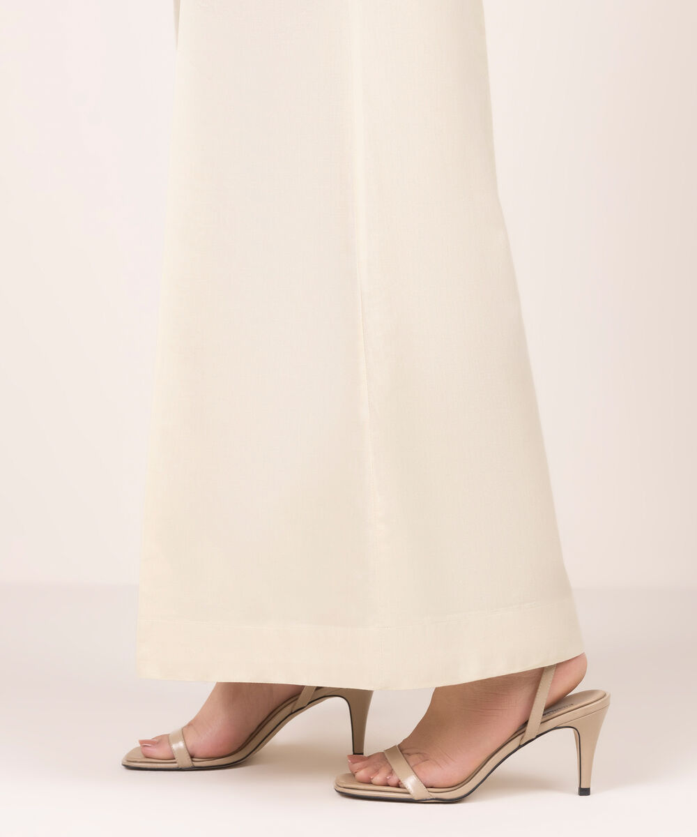 Women's RTW Lawn Solid Off White Flared Pants