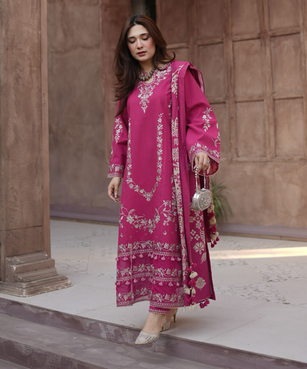 Women's Unstitched Dobby Embroidered Pink 3 Piece Suit