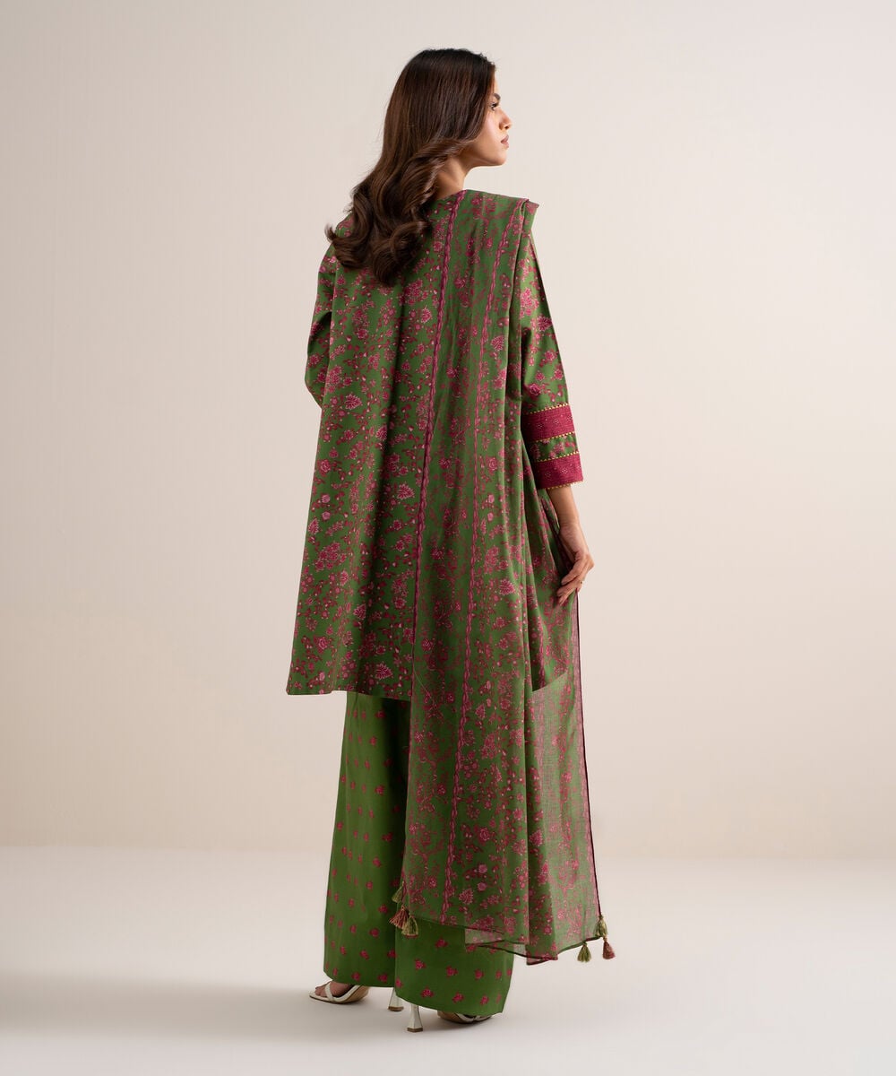 Women's Unstitched Lawn Printed Olive Green 3 Piece Suit