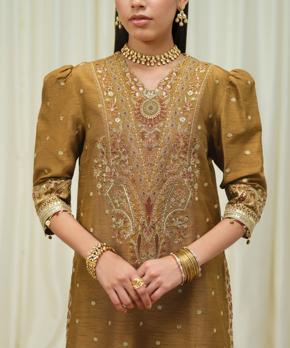 Women's Unstitched Raw Silk Embroidered Brown 3 Piece Suit