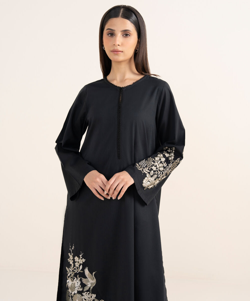 Women's RTW Lawn Viscose Black Embroidered A-Line Shirt