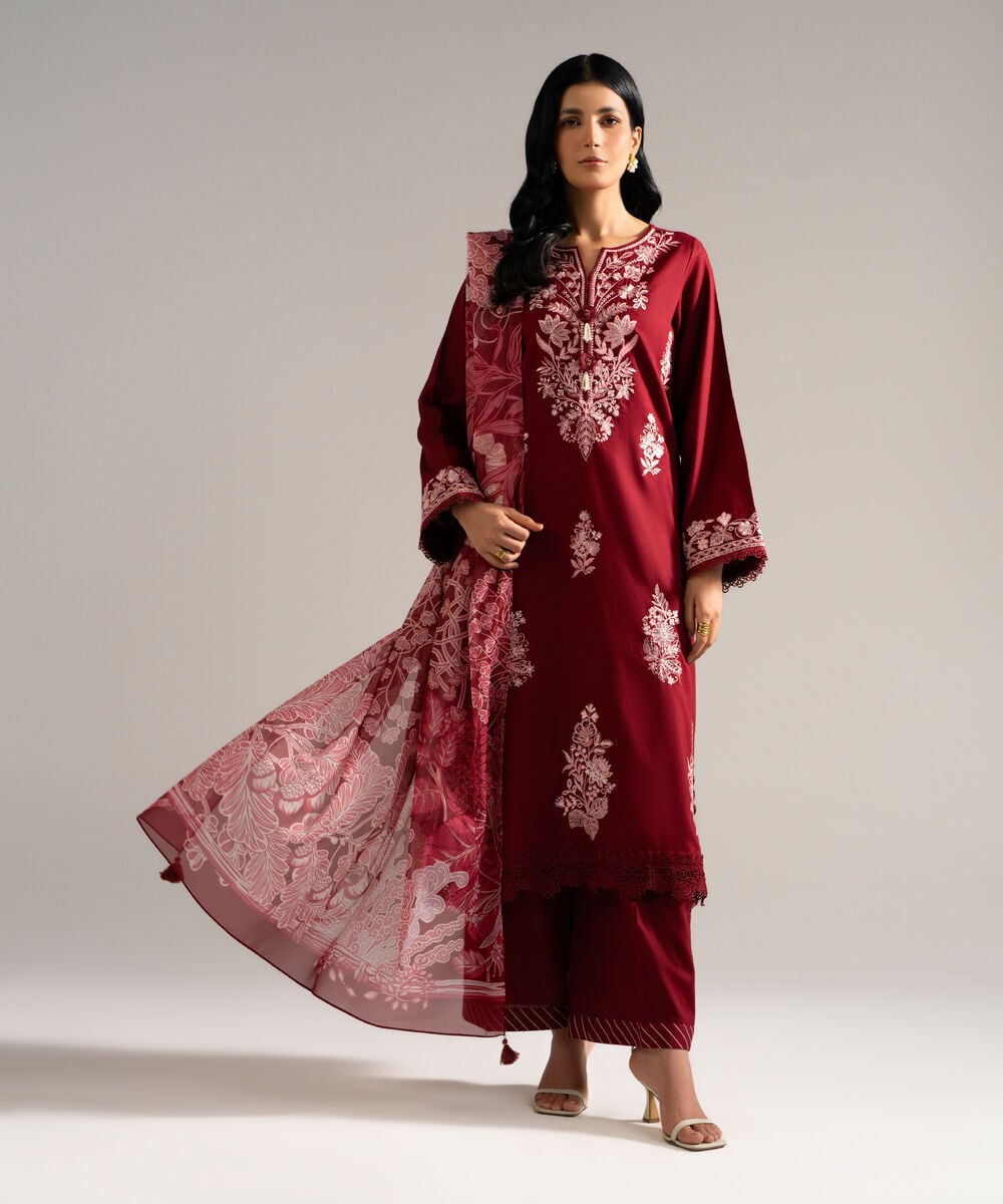 Women's RTW Dobby Crepe Embroidered Red 3 Piece Suit
