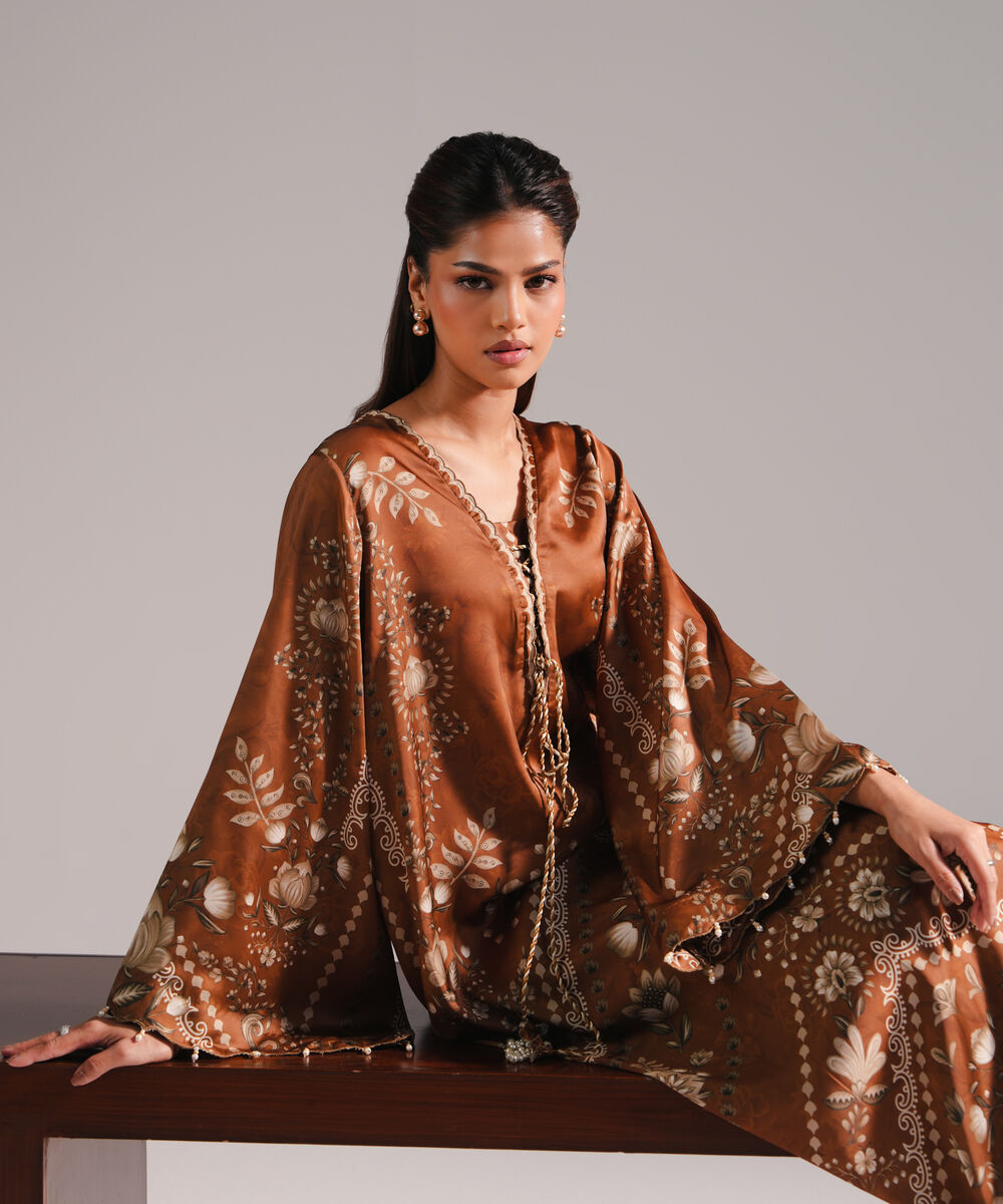 Women's RTW Blended Satin Printed Brown 2 Piece Suit