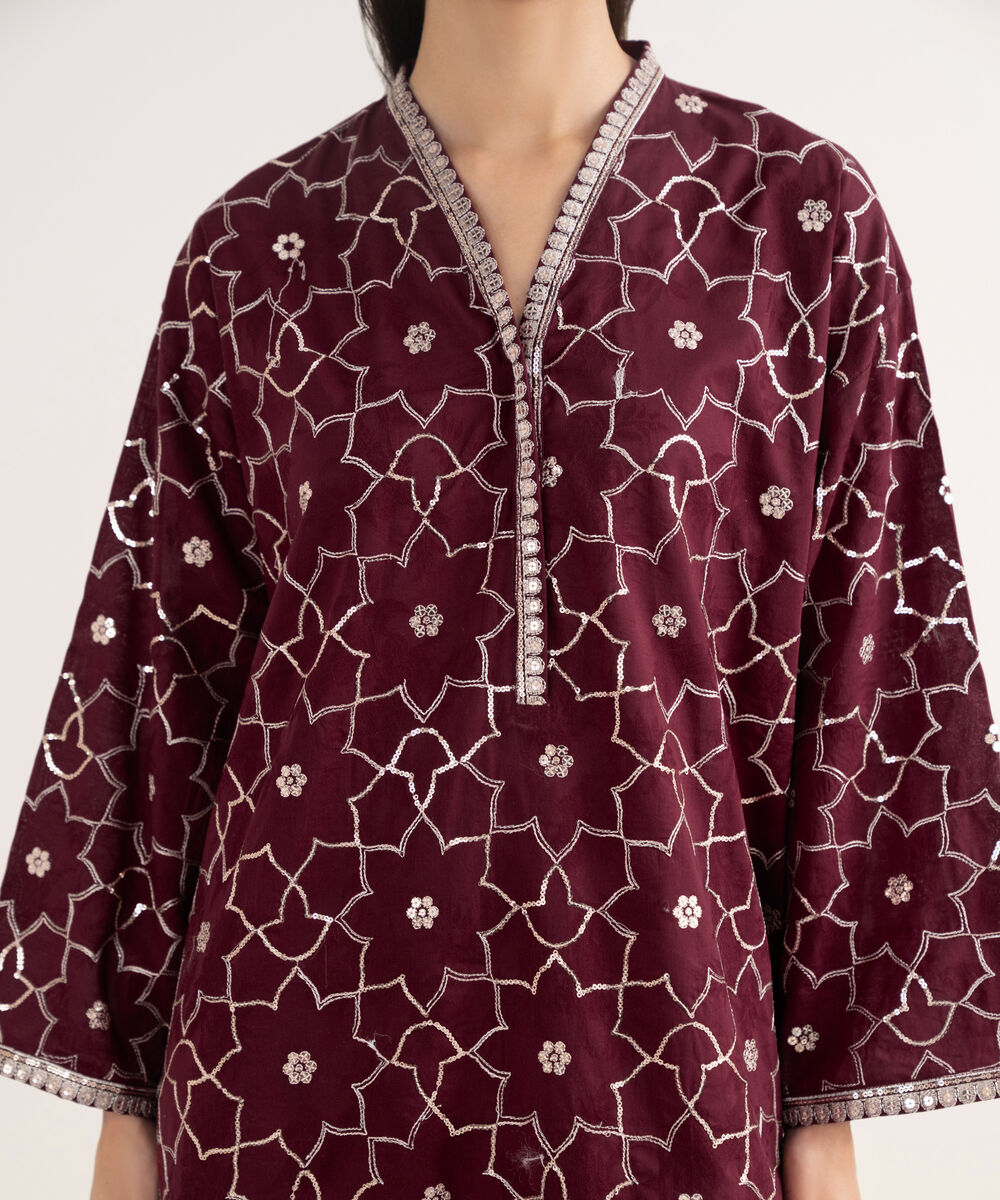Women's RTW Self Jacquard Leno Embroidered Maroon Drop Shoulder Shirt