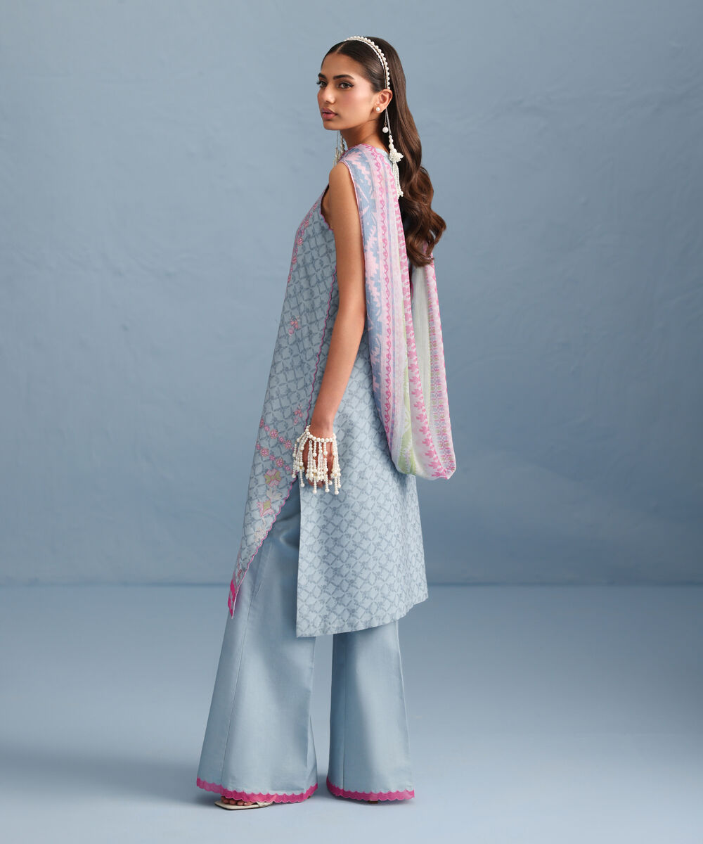 Women's Unstitched Jacquard Embroidered Blue Three Piece Suit