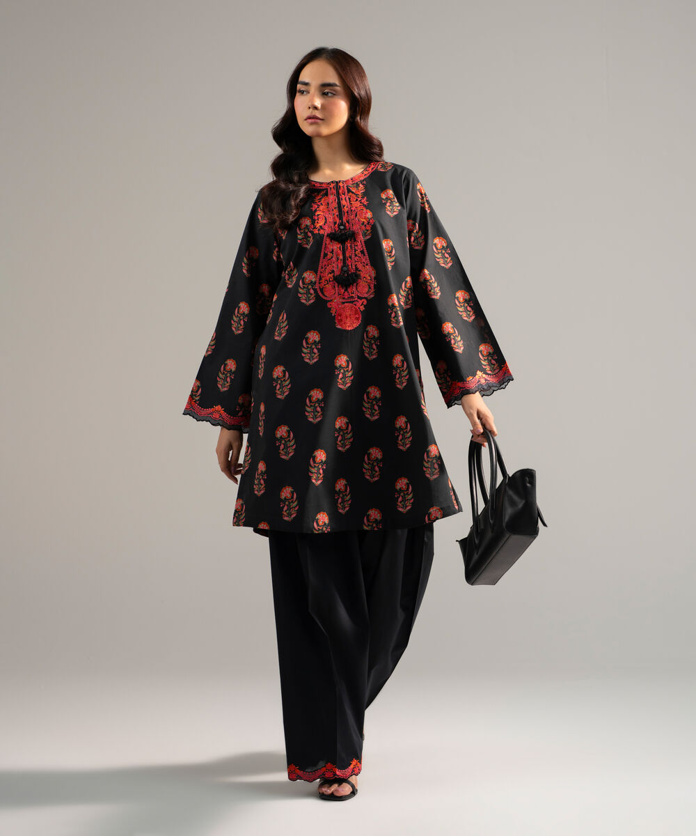 Women's RTW Lawn Embroidered Black Boxy Shirt