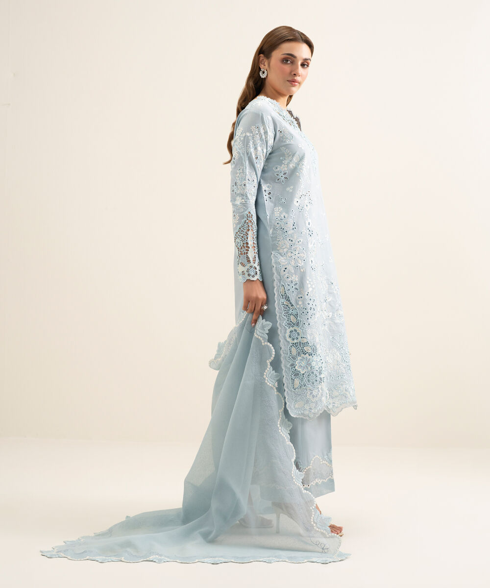Women's Unstitched Lawn Embroidered Blue 3 Piece Suit
