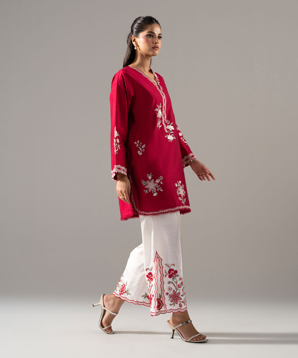 Women's RTW Cotton Net Solid Embroidered Red 2 Piece Suit