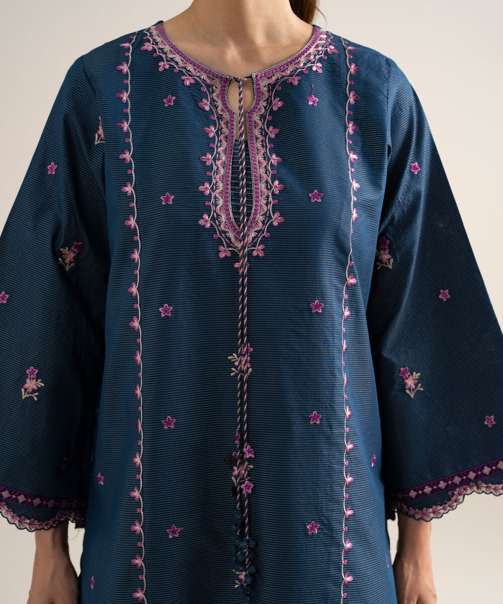 Women's Unstitched Zari Lawn Embroidered Blue 3 Piece Suit