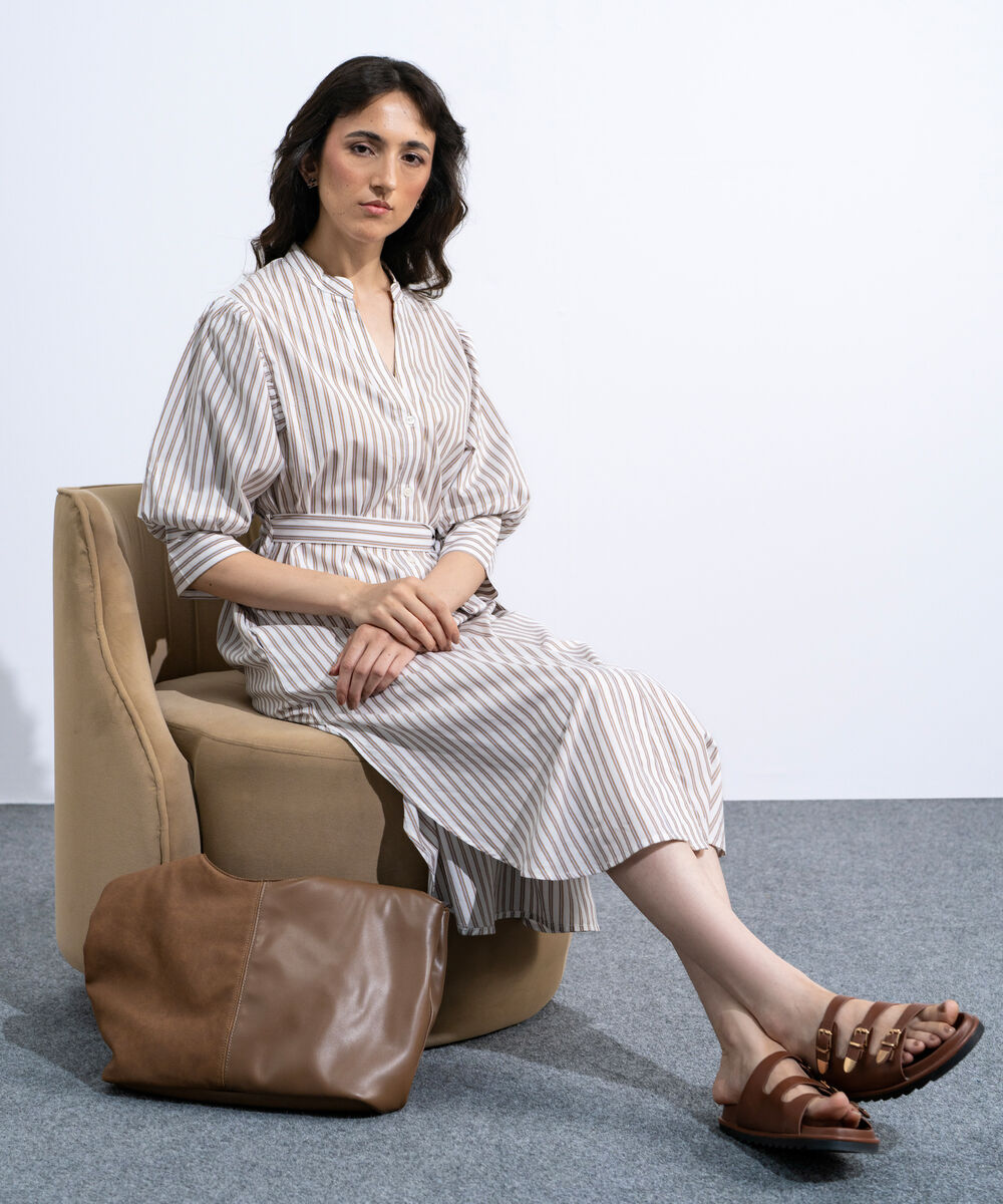Women's Multi Striped Poplin Dress With Puffed Sleeves