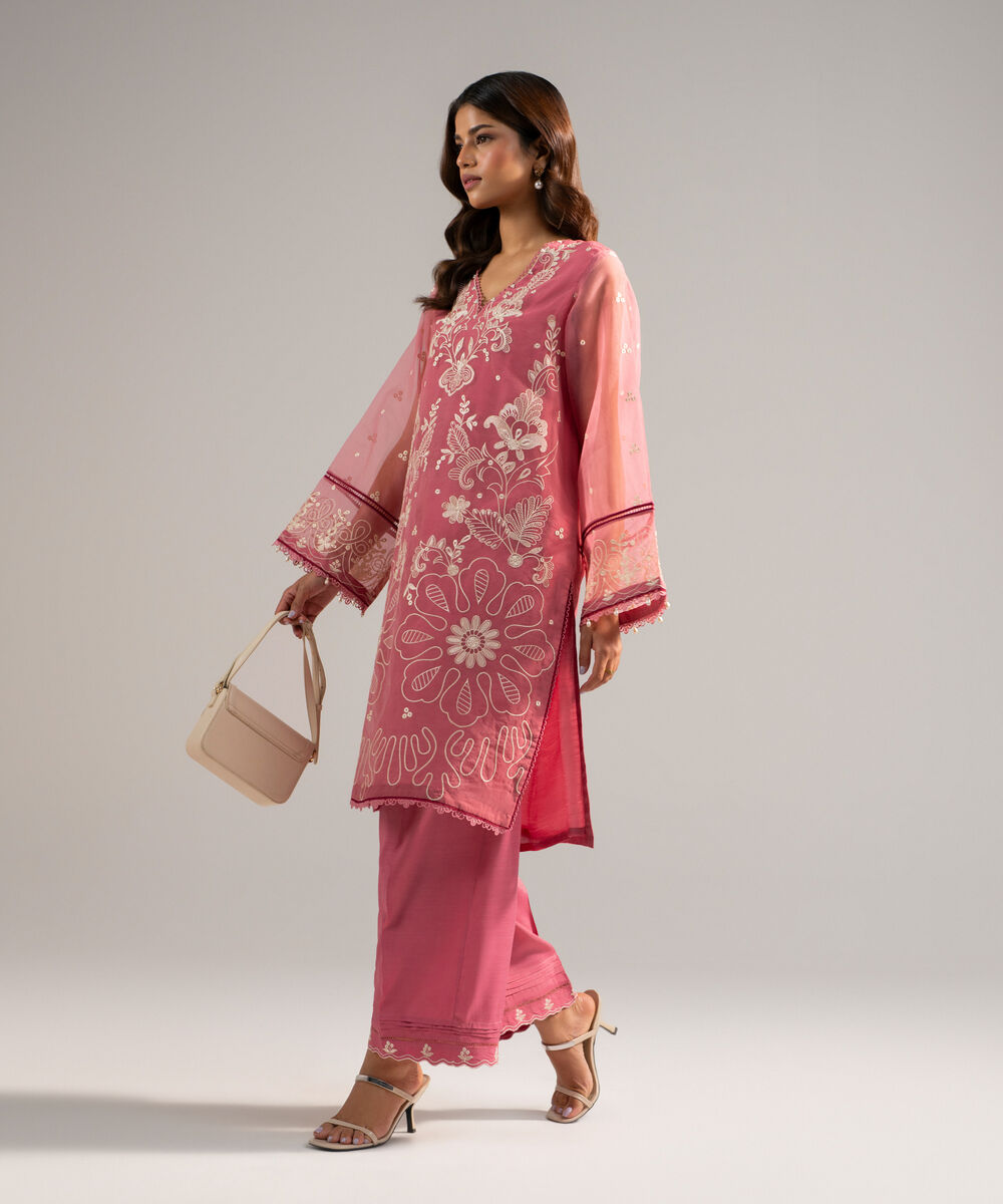 Women's RTW Blended Organza Embroidered Pink 2 Piece Suit