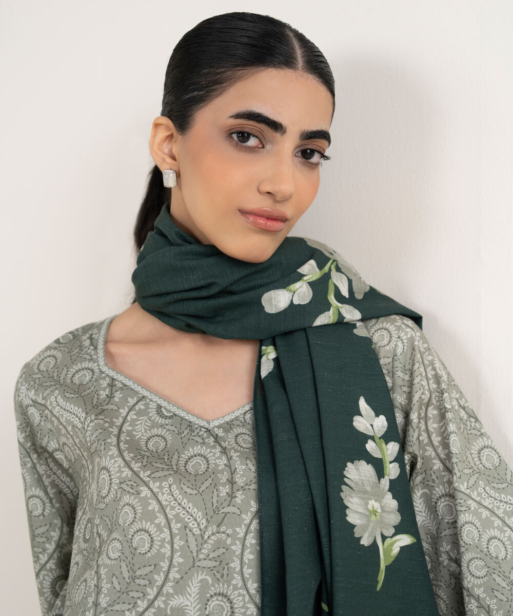 Women's Unstitched Printed Dobby Grey 3 Piece Suit