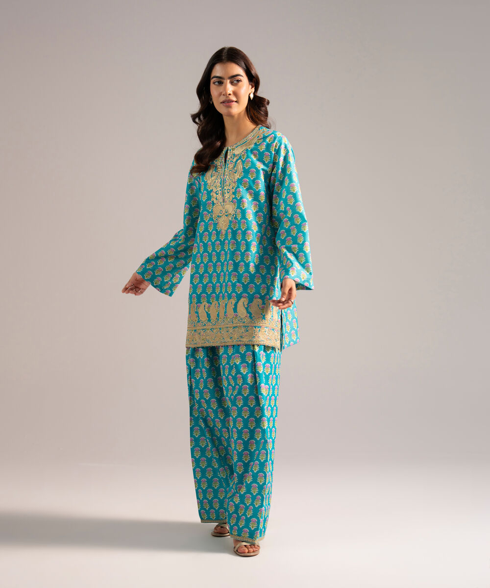 Women's RTW Zari Lawn Embroidered Turquoise Straight Shirt
