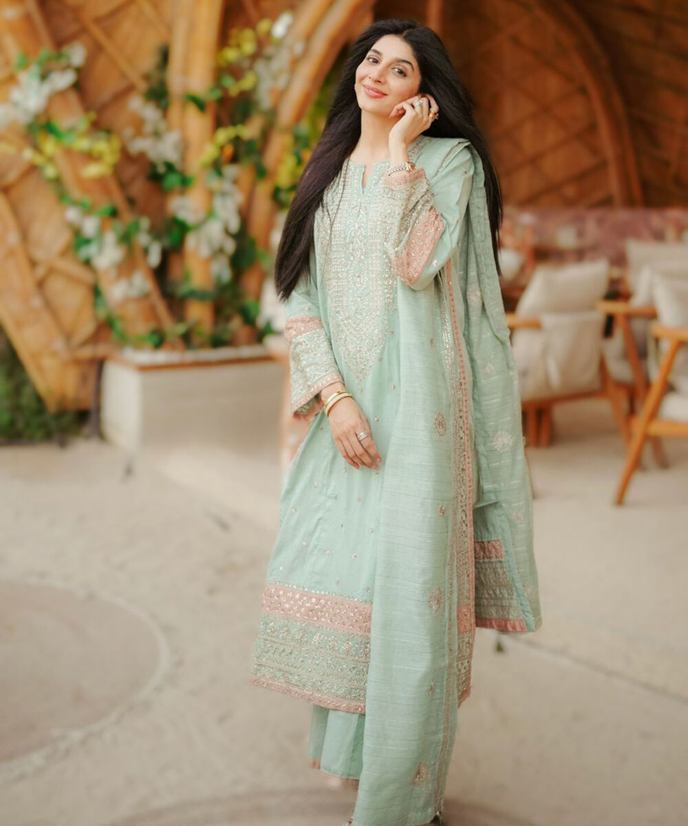 Women's RTW Self Jacquard Leno Embroidered Mint Green A-Line Shirt