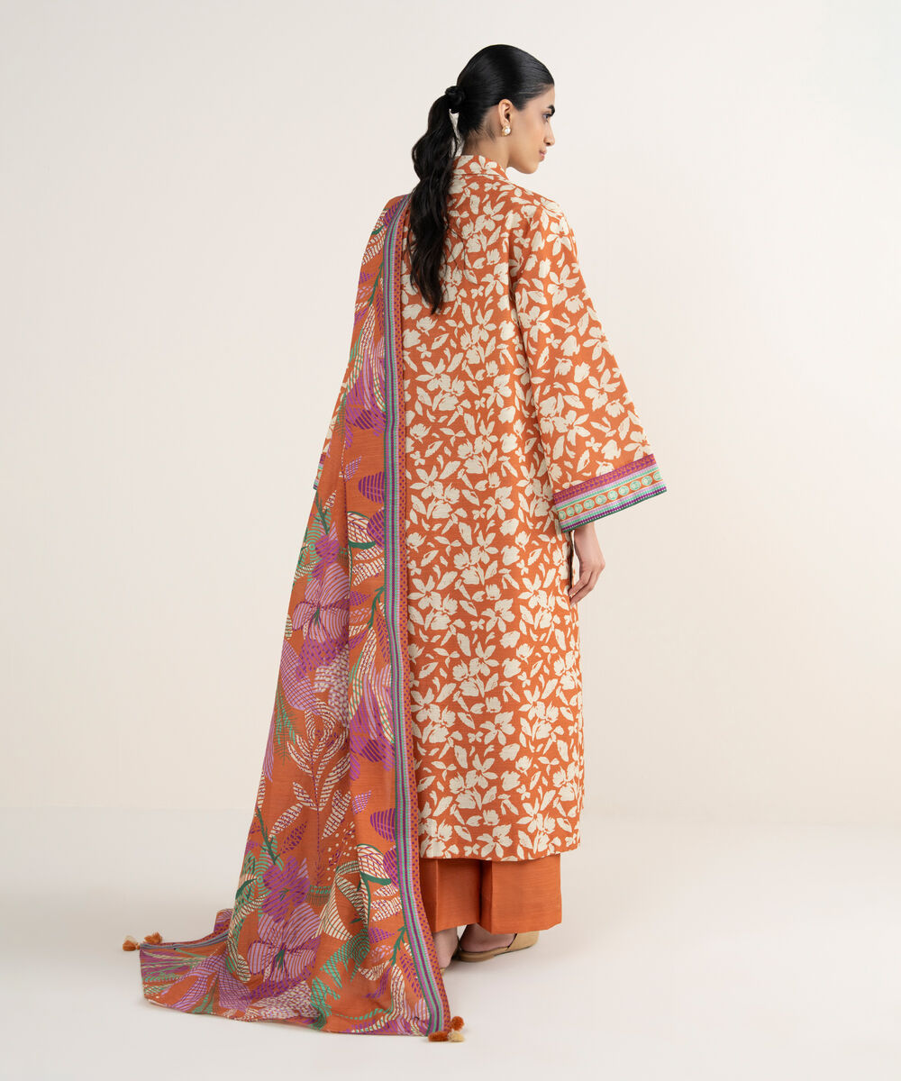 Women's Unstitched Printed Khaddar Rust Orange and Off White 3 Piece Suit