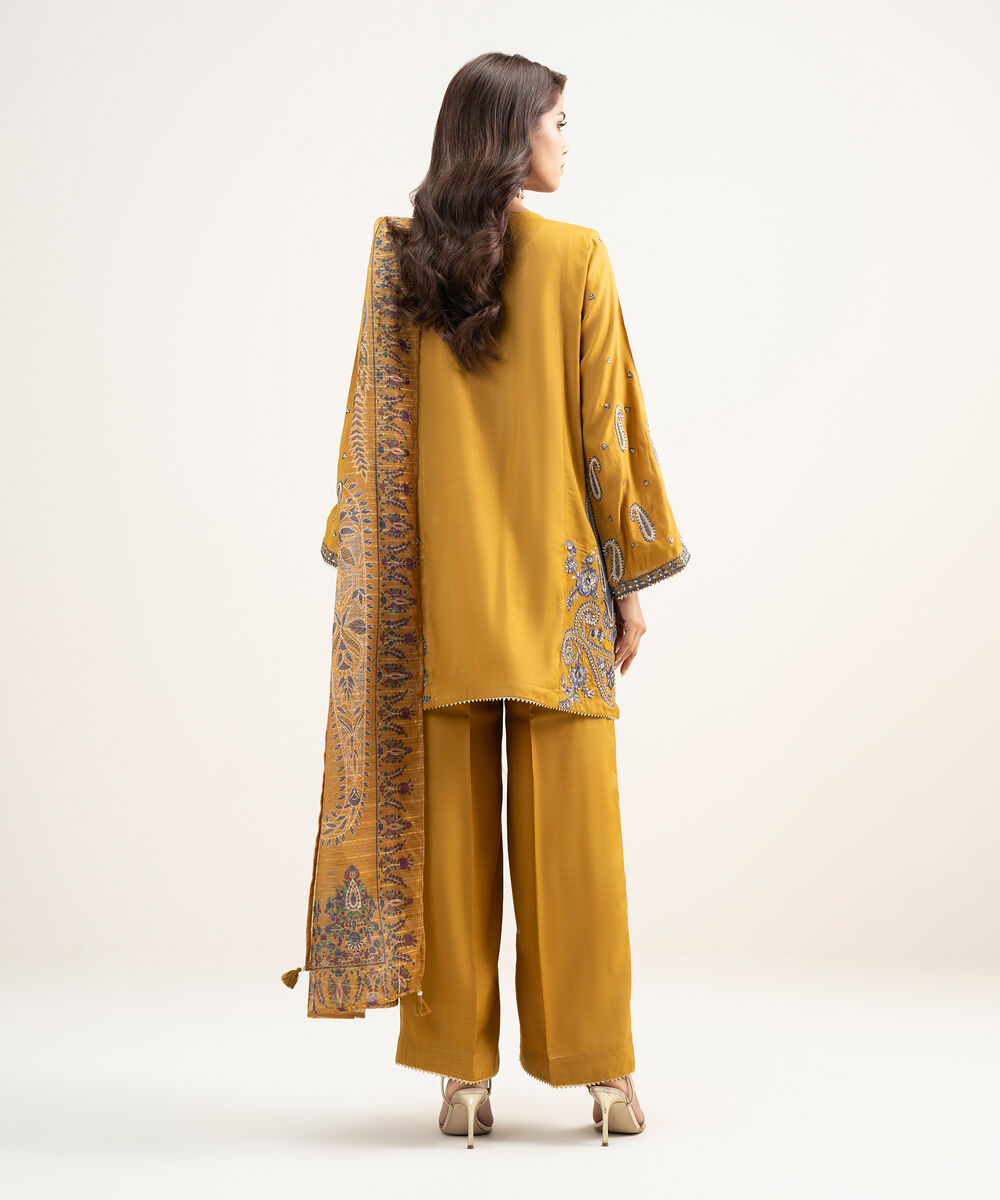 Women's RTW Viscose Raw Silk Embroidered Mustard Brown 3 Piece Suit