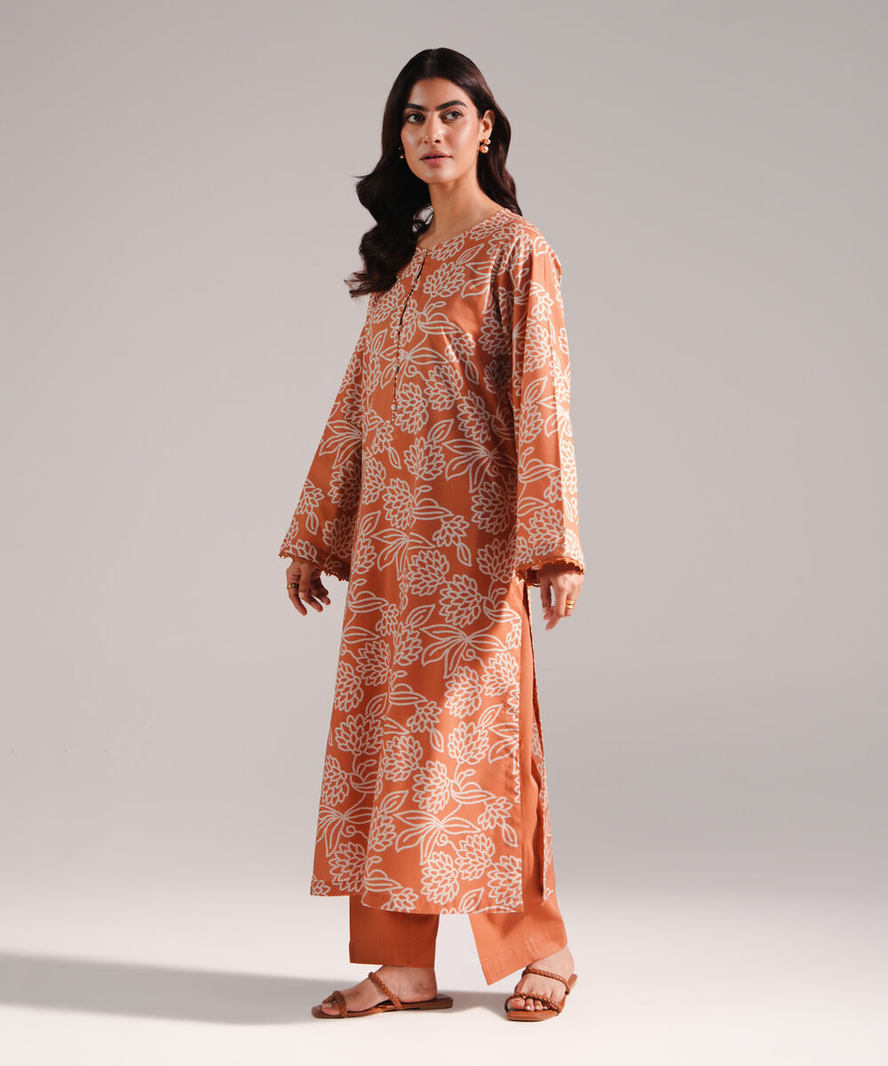 Women's RTW Cotton Viscose Printed Orange 2 Piece Suit