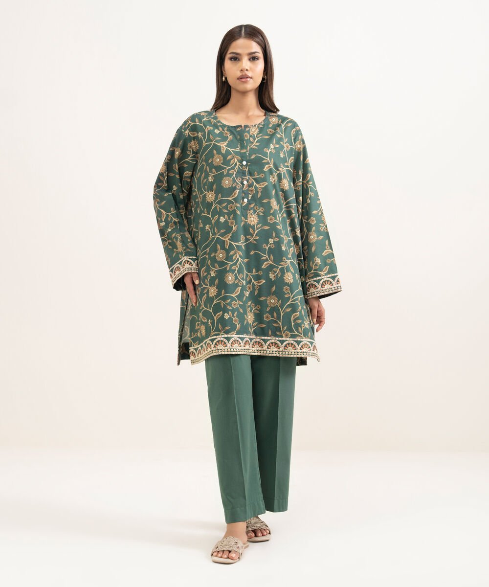 Women's RTW Cotton Viscose Embroidered Green Straight Shirt