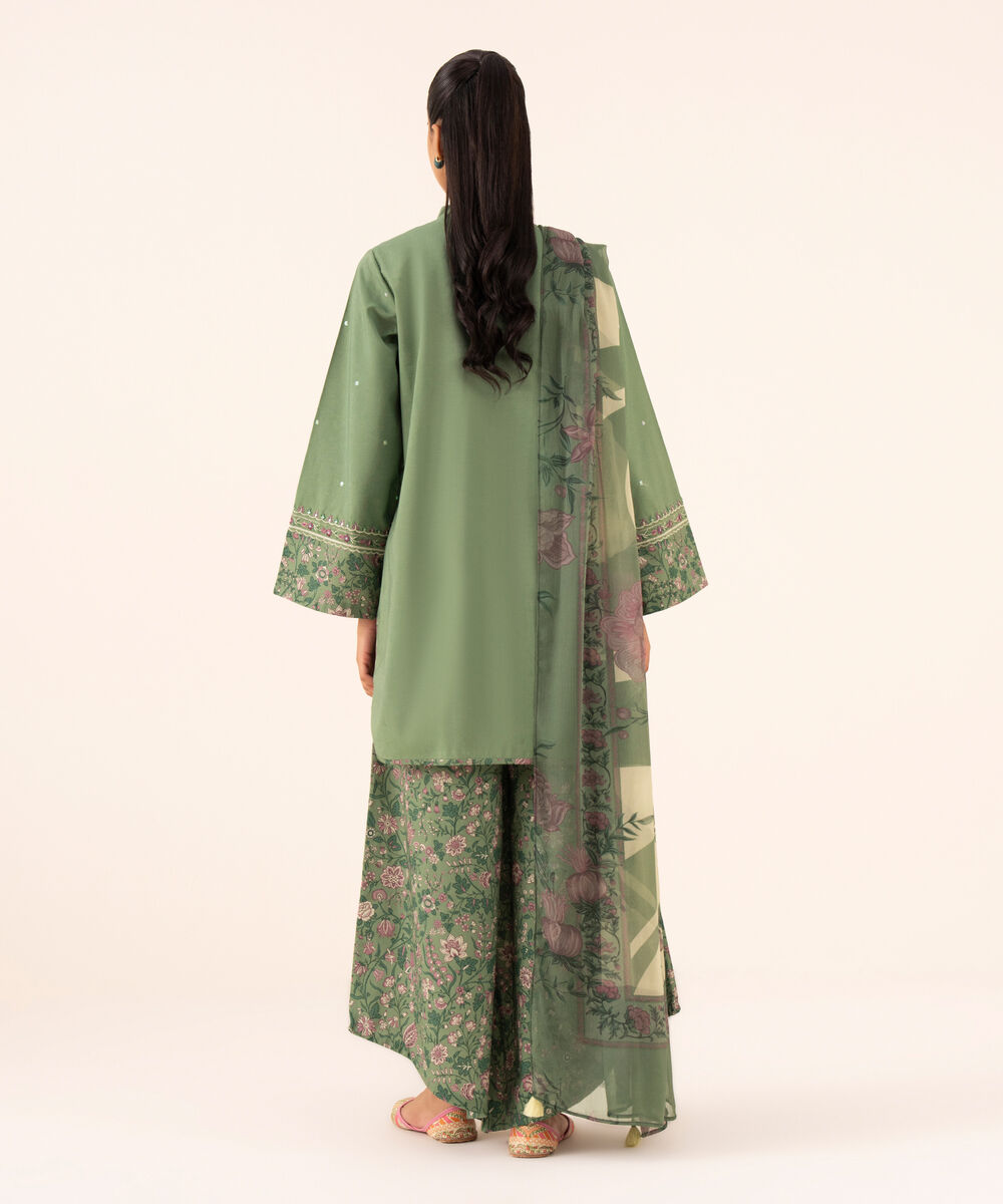 Women's Unstitched Cotton Viscose Embroidered Green 3 Piece Suit