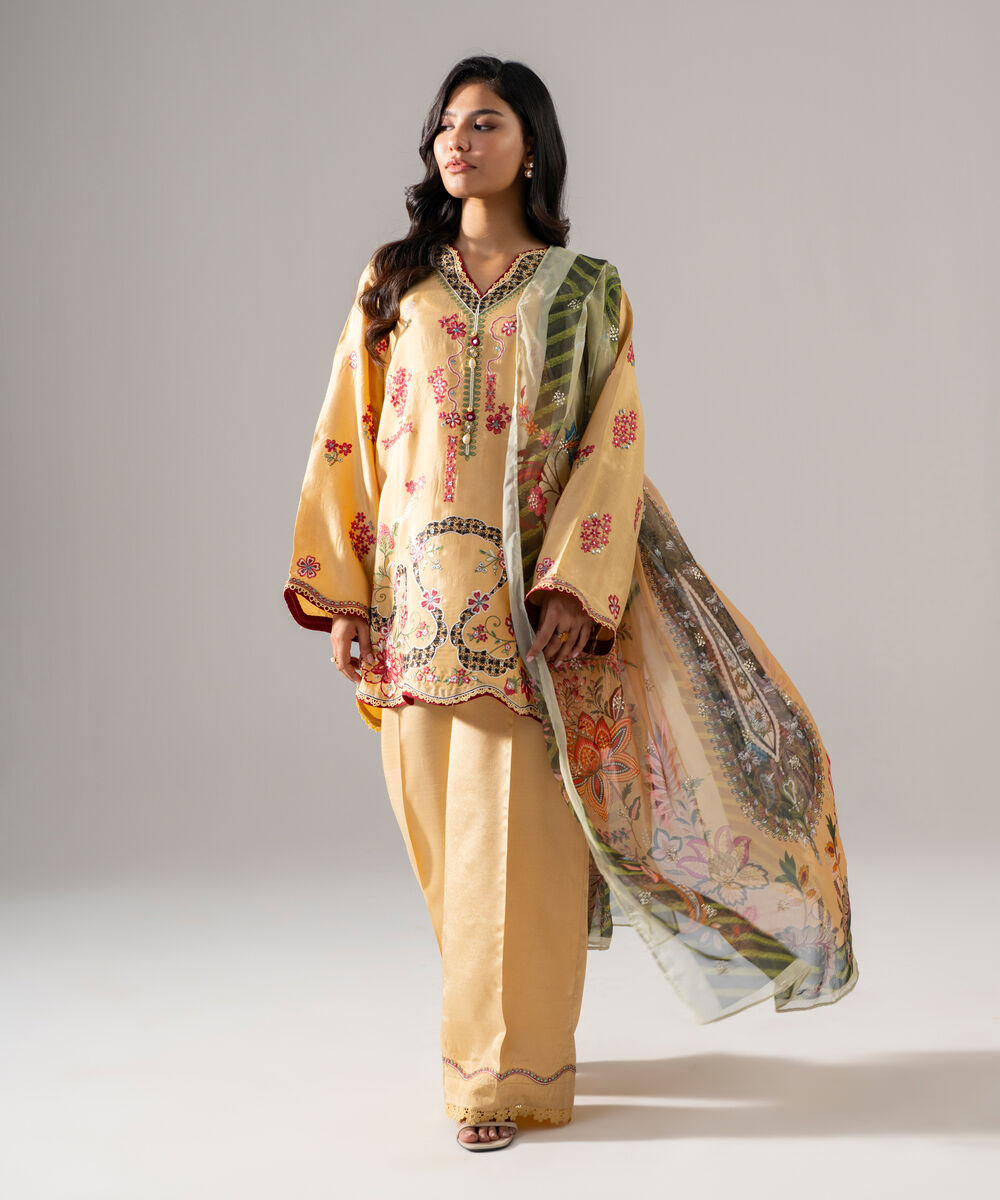 Women's RTW Bright Raw Silk Embroidered Beige 3 Piece Suit