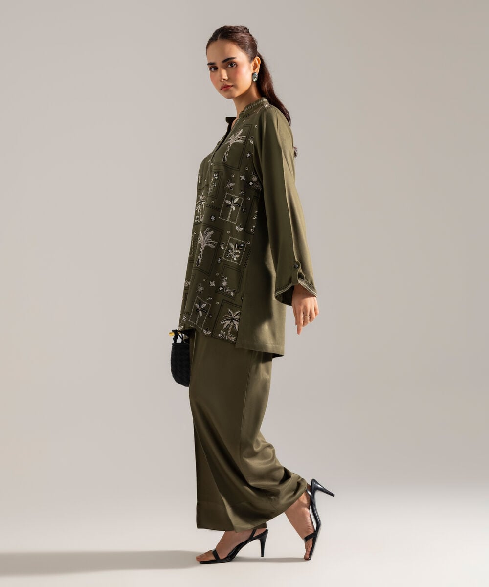 Women's RTW Solid Embroidered Olive Green Bedford Shirt