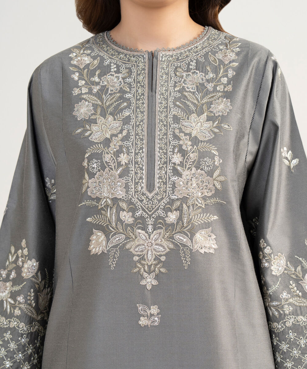 Women's Unstitched Cotton Net Embroidered Grey 3 Piece Suit