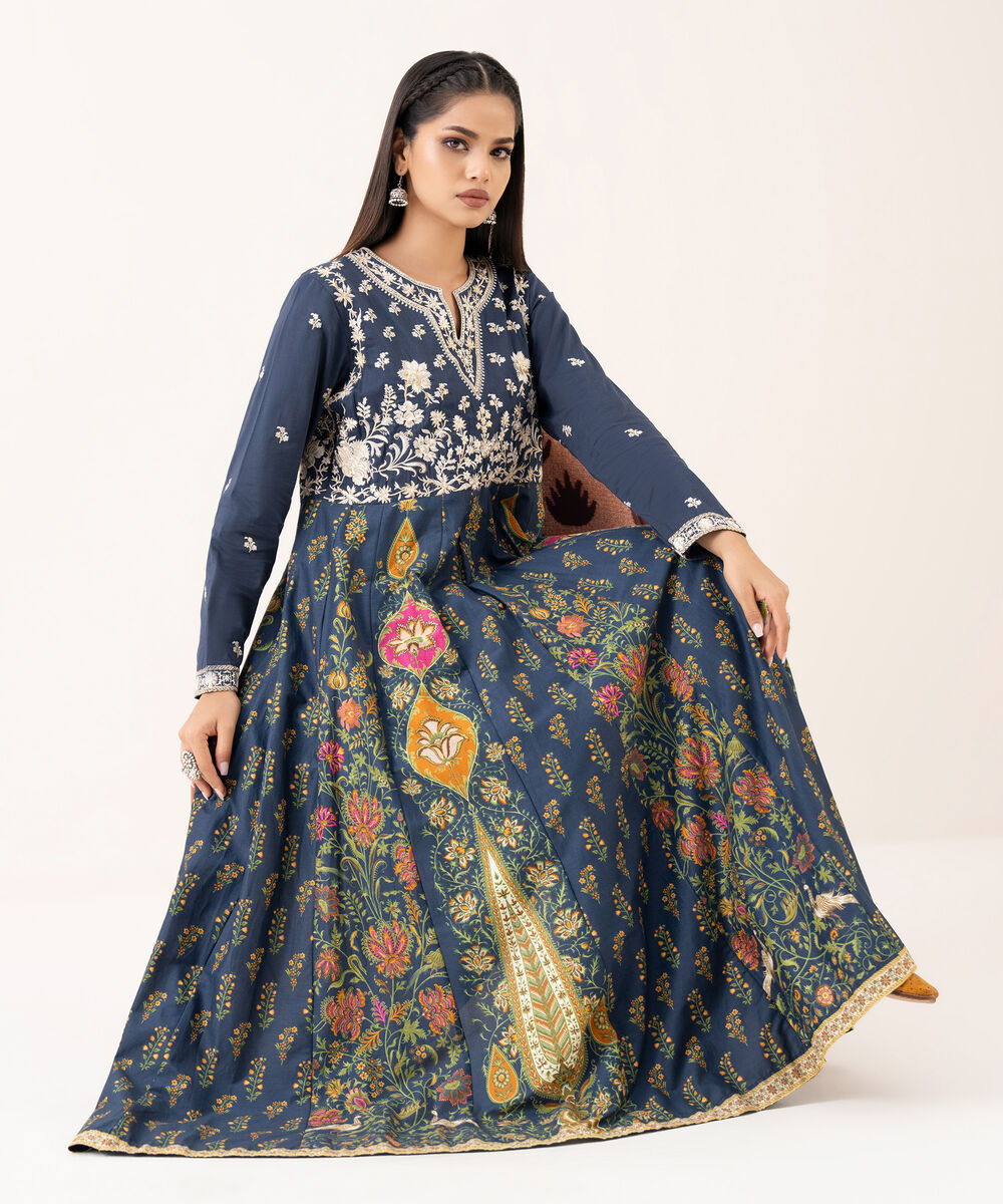 Women's RTW Lawn Viscose Blue Embroidered Pishwas