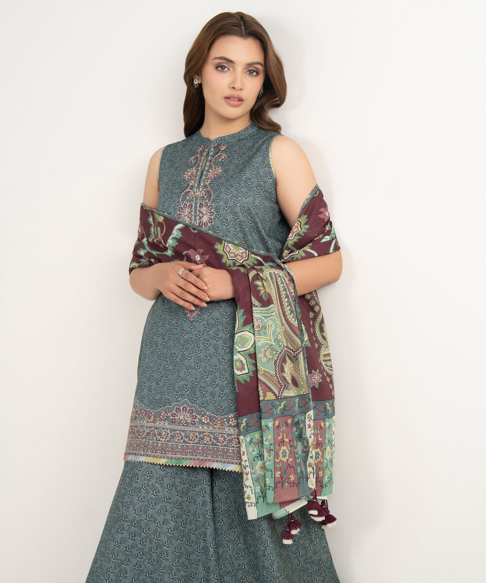 Women's Unstitched Lawn Embroidered Grey 3 Piece Suit