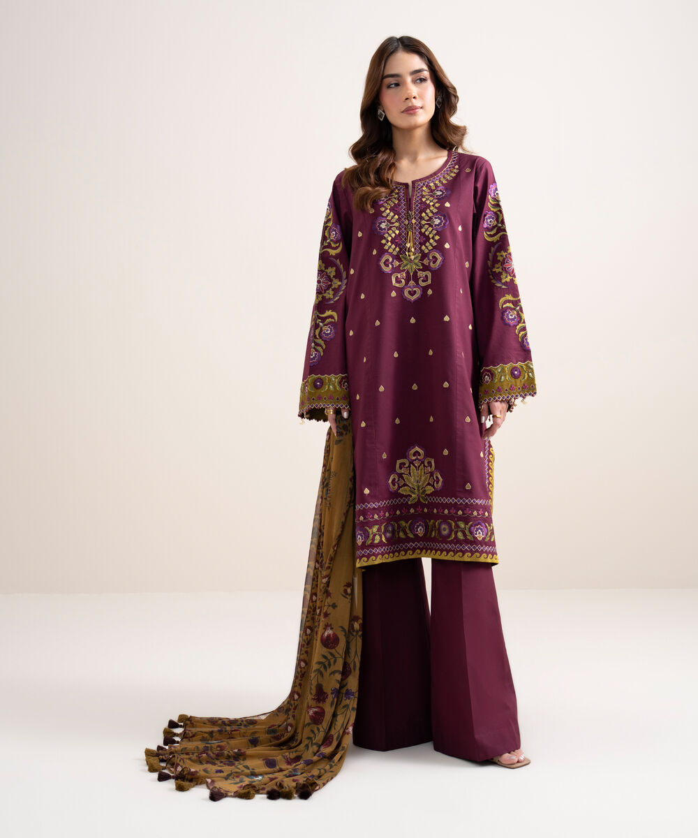 Women's Unstitched Dobby Embroidered Pink 3 Piece Suit
